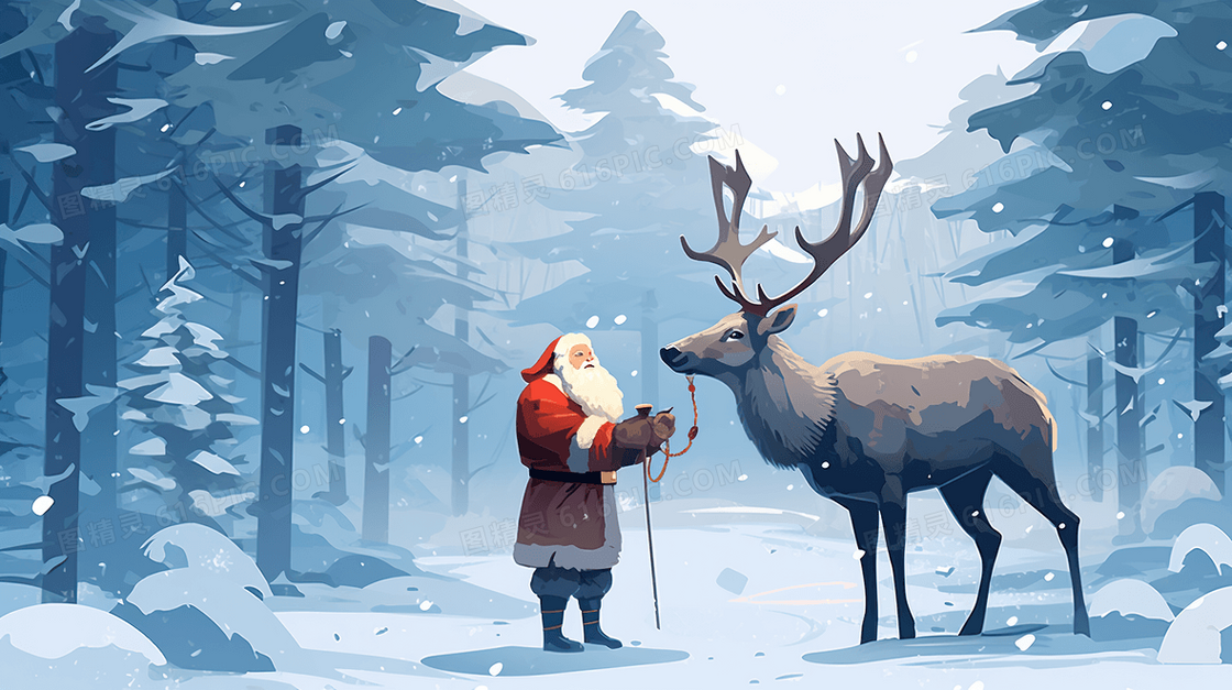 圣诞节卡通圣诞老人和麋鹿插画
