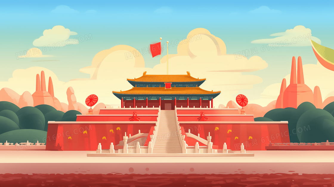 国潮建筑中秋国庆创意插画