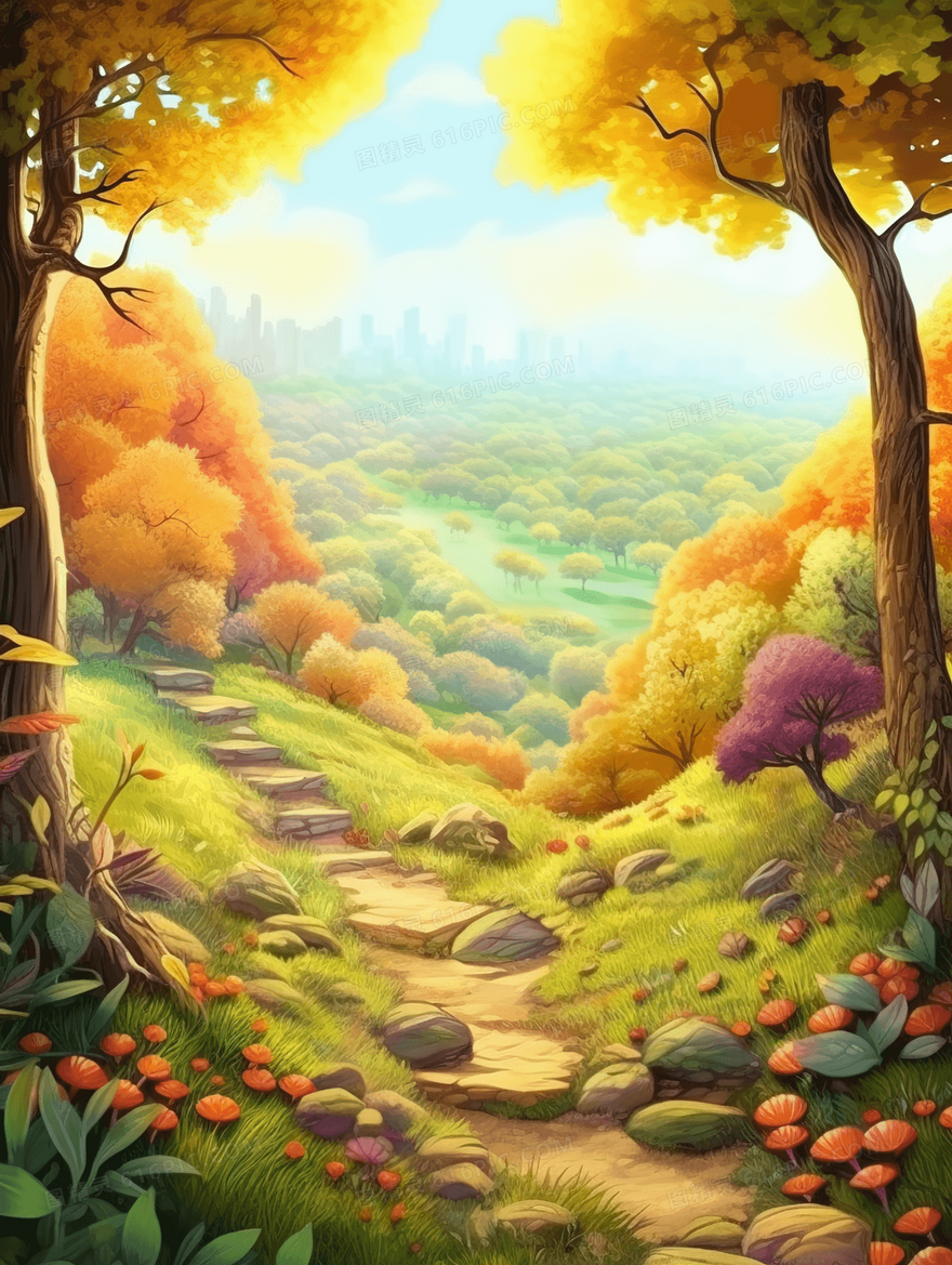 秋天金色树林里草地上的小路风景插画