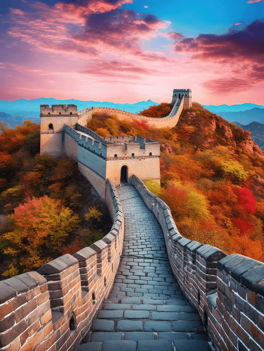 中国北京古典建筑巍峨的长城插画