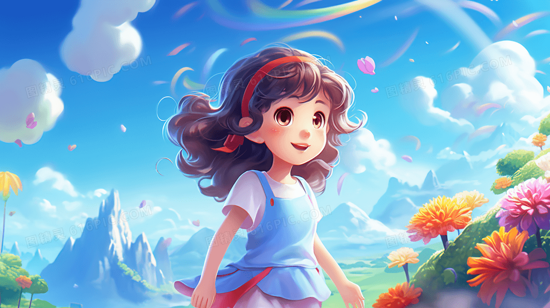 白色云朵中的可爱小女孩插画
