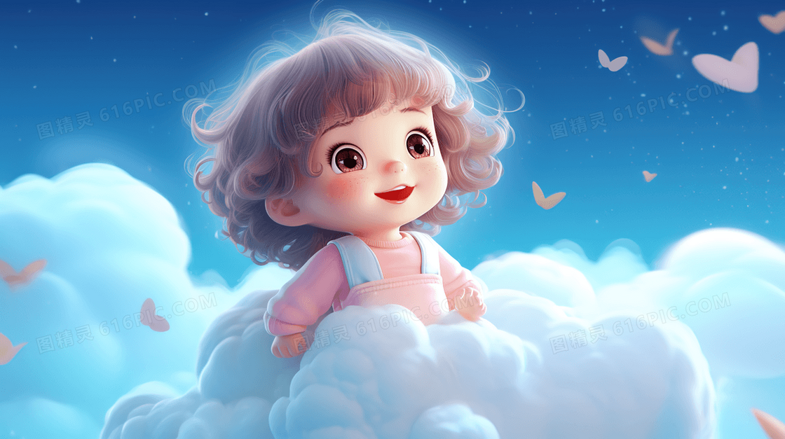 白色云朵中的可爱小女孩插画