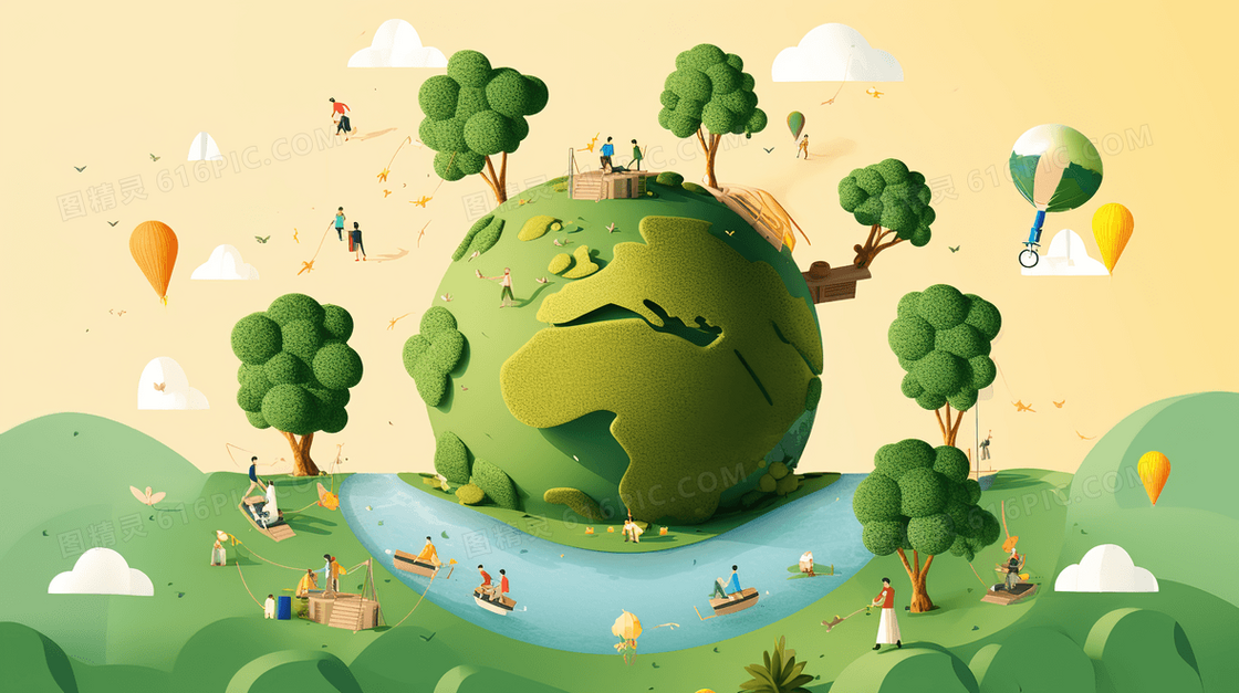 绿色立体地球景观人类生活场景插画