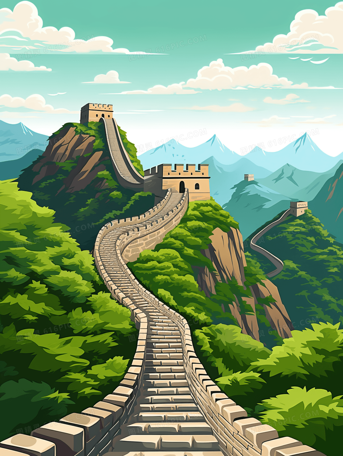 中国北京古典建筑巍峨的长城插画背景图片下载_1856x2464像素jpg格式