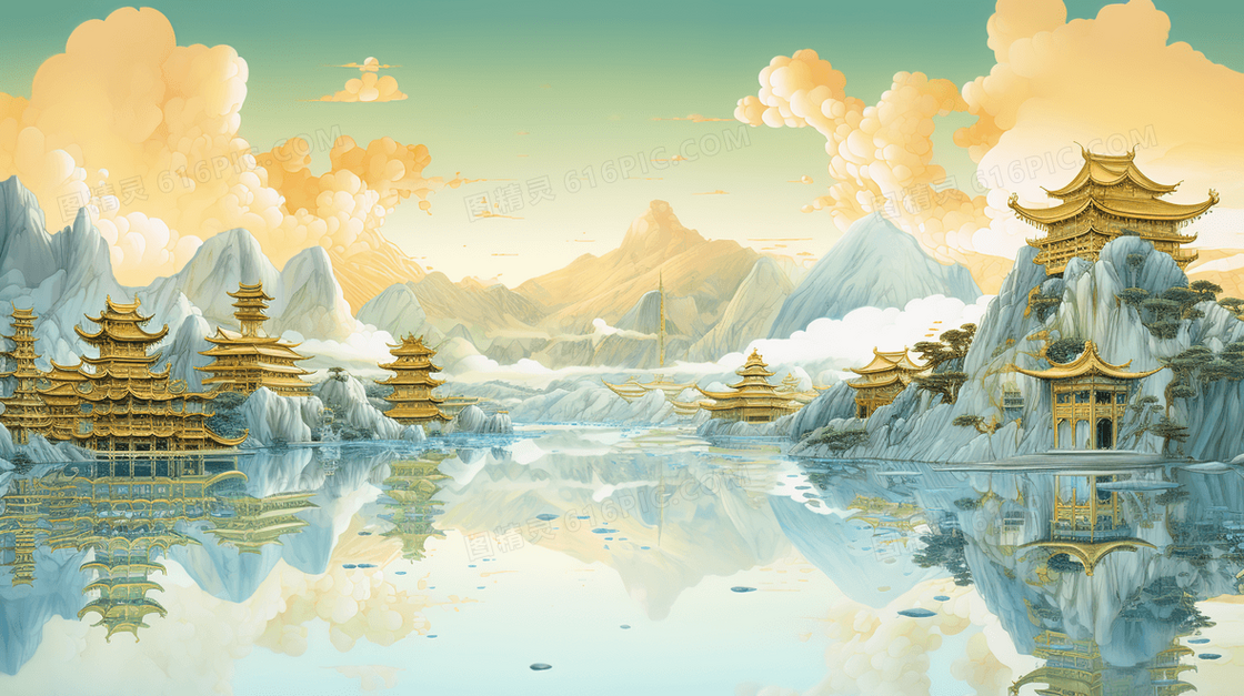 青绿中国风山水风景插画