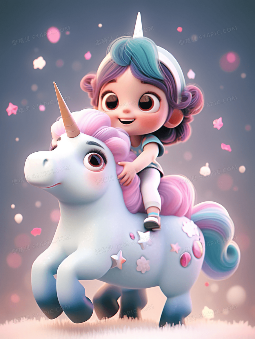3D立体骑着独角兽的小女孩梦幻童话插画