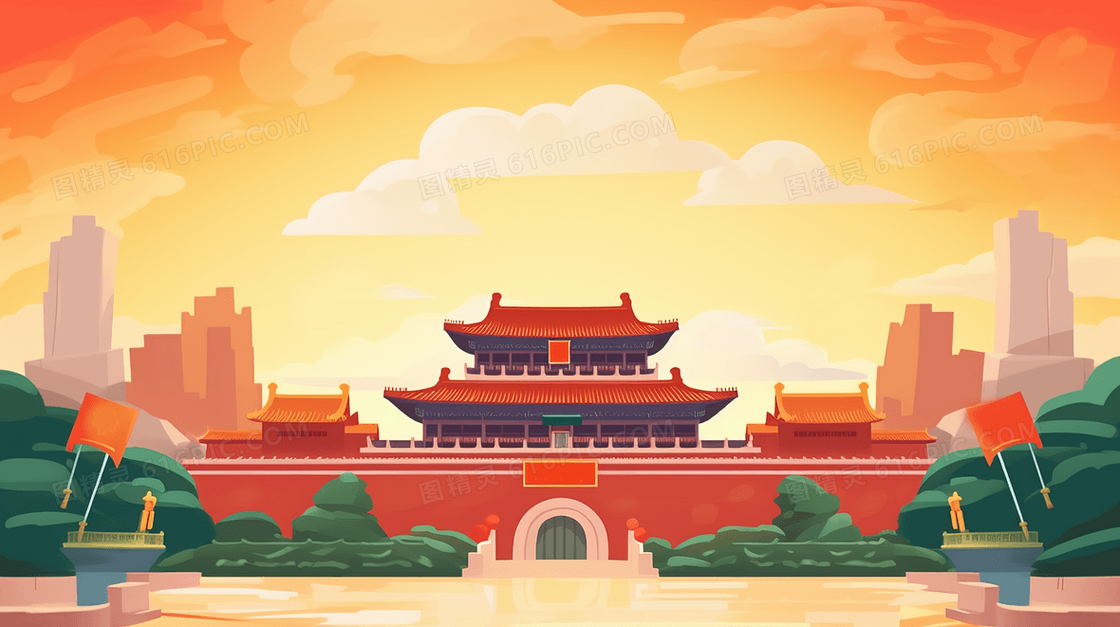 国潮建筑中秋国庆创意插画