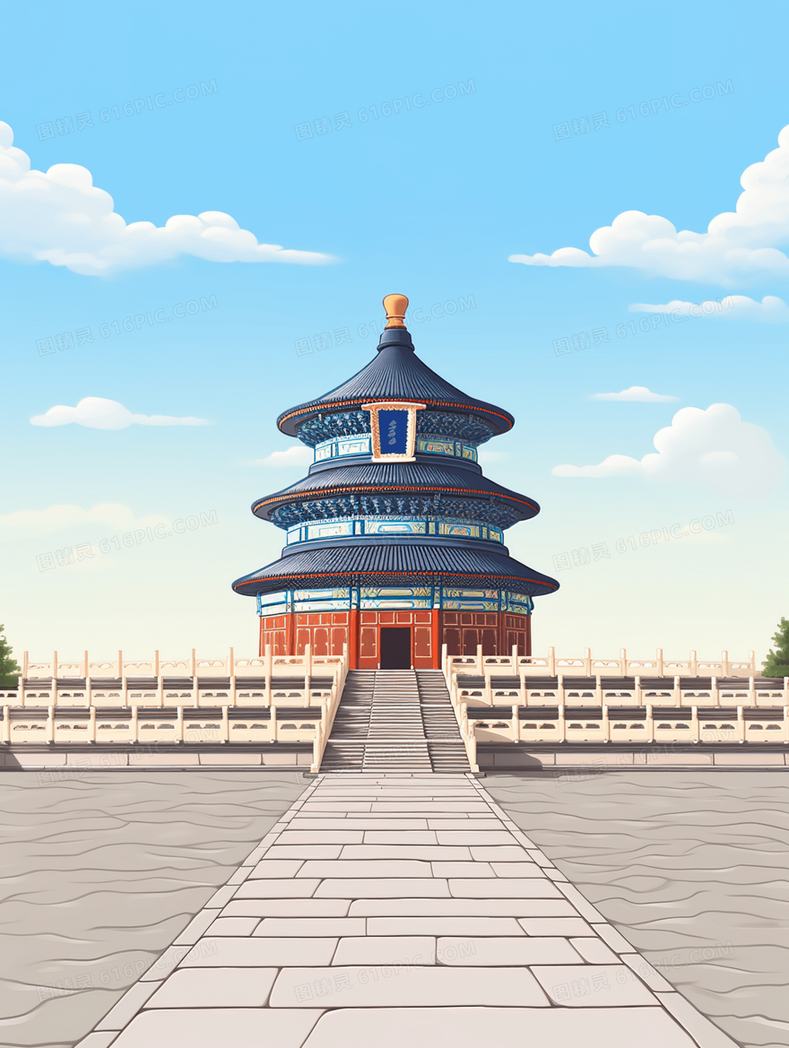 中国北京天坛古典建筑景区风景插画