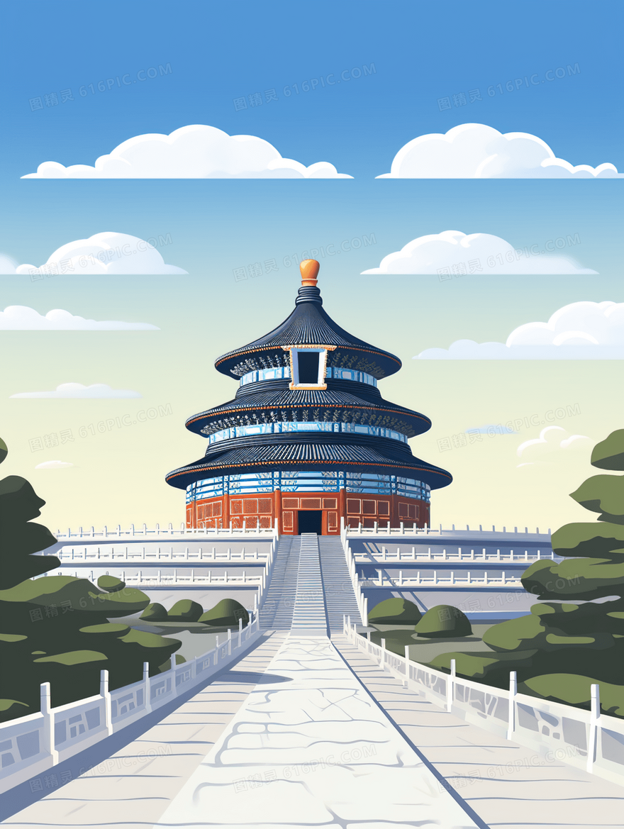中国北京天坛古典建筑景区风景插画
