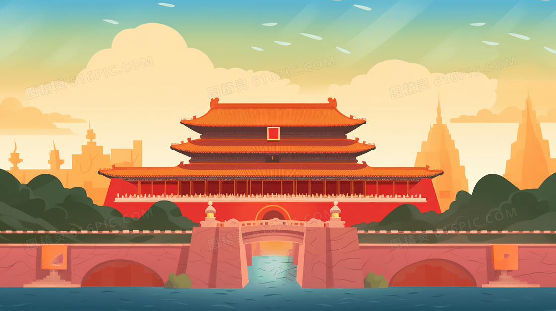 国潮建筑中秋国庆创意插画