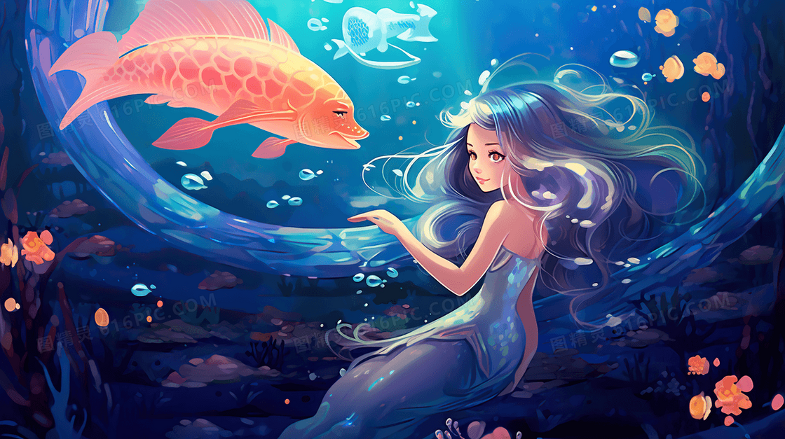 保护大海美人鱼海洋生物环保插画