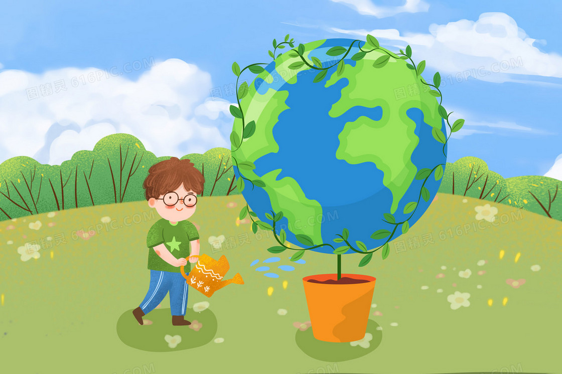 男孩给地球盆栽浇水插画