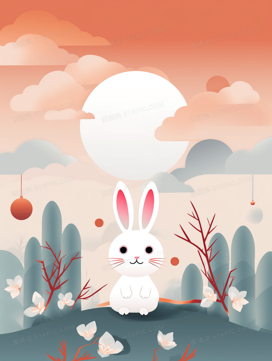 满月下的可爱小白兔动物花朵卡通插画
