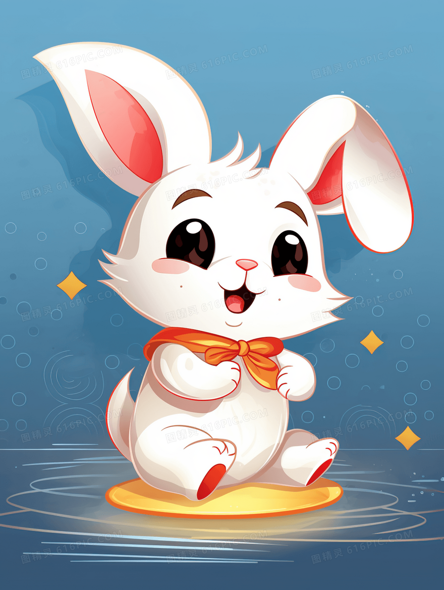 坐着小船飘在水面上的小白兔可爱动物插画