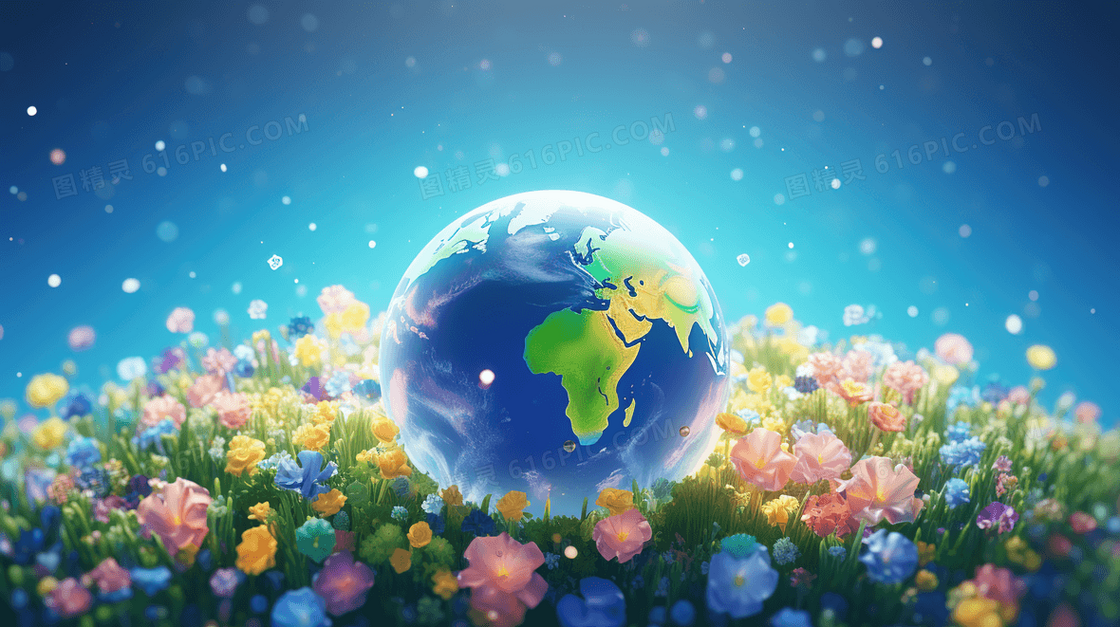 蓝色立体生动花朵中的地球写实保护环境插画
