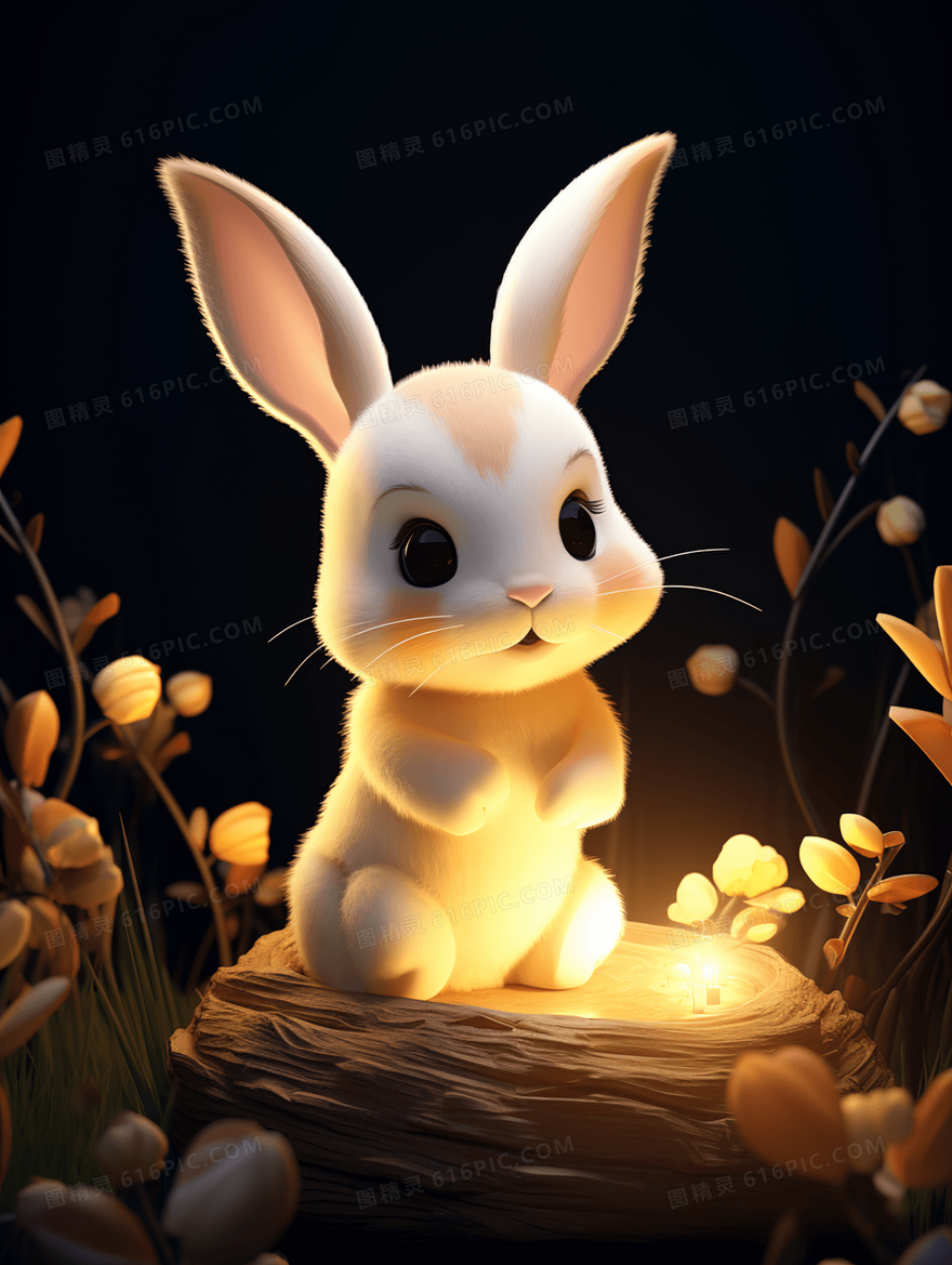 黑夜中发光花朵中的可爱小白兔插画