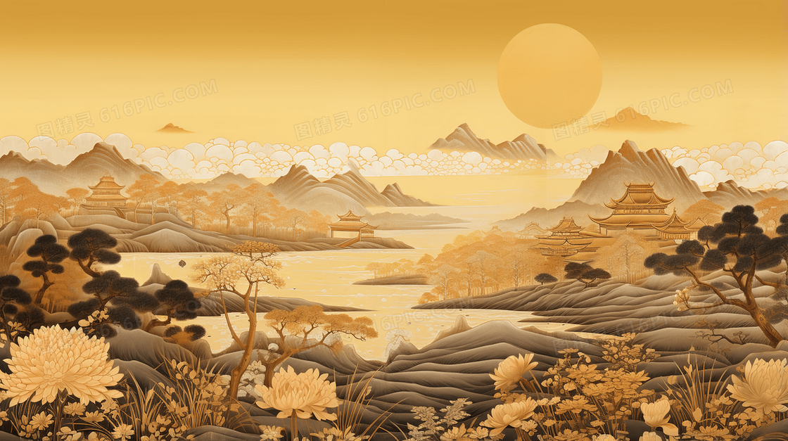 金色秋季山水风景插画