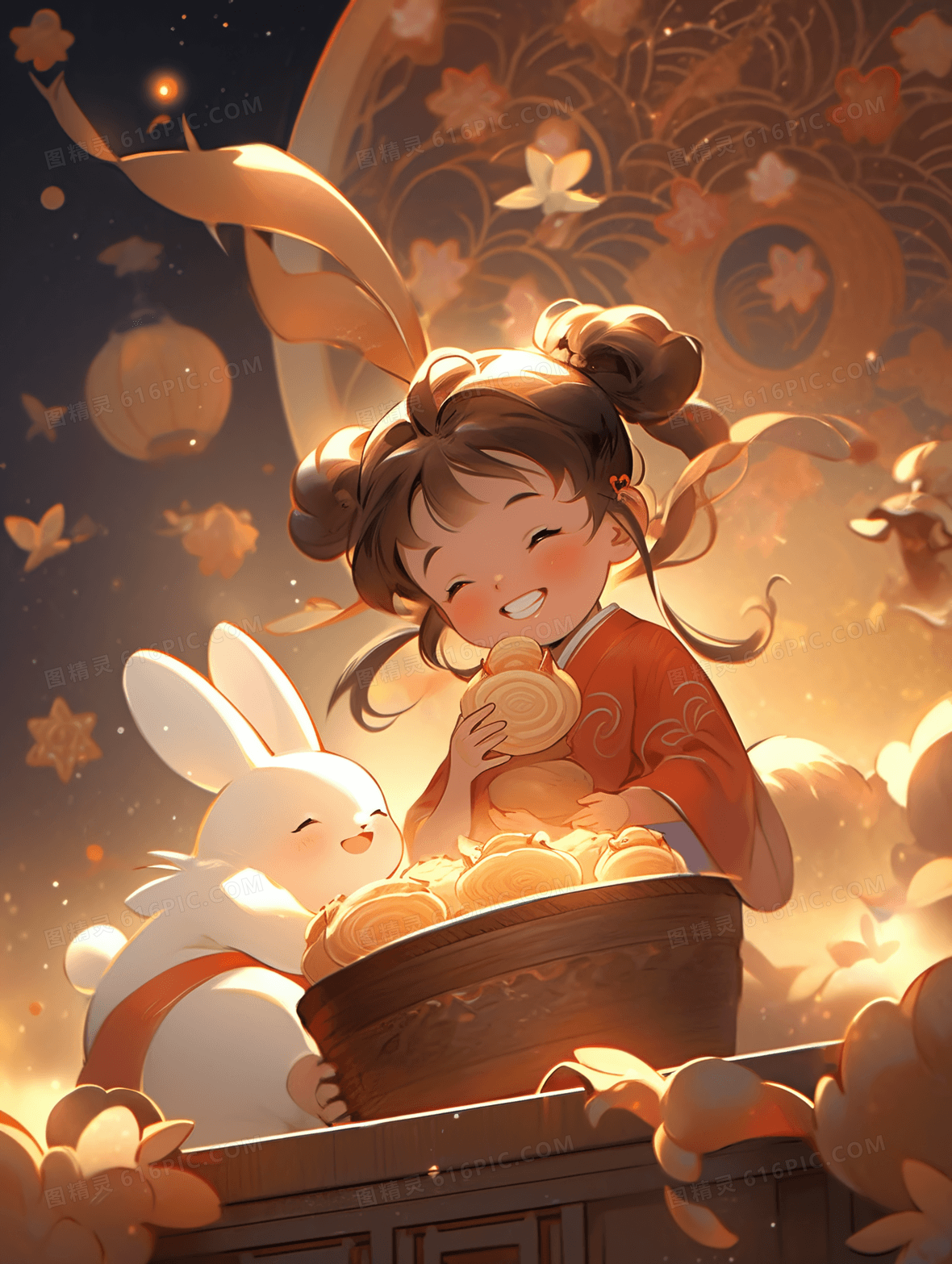 夜晚灯笼烛光下的嫦娥和玉兔中国风插画