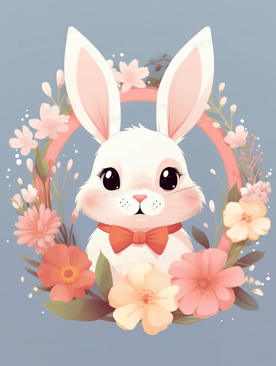 粉色花朵中的可爱小白兔动物插画