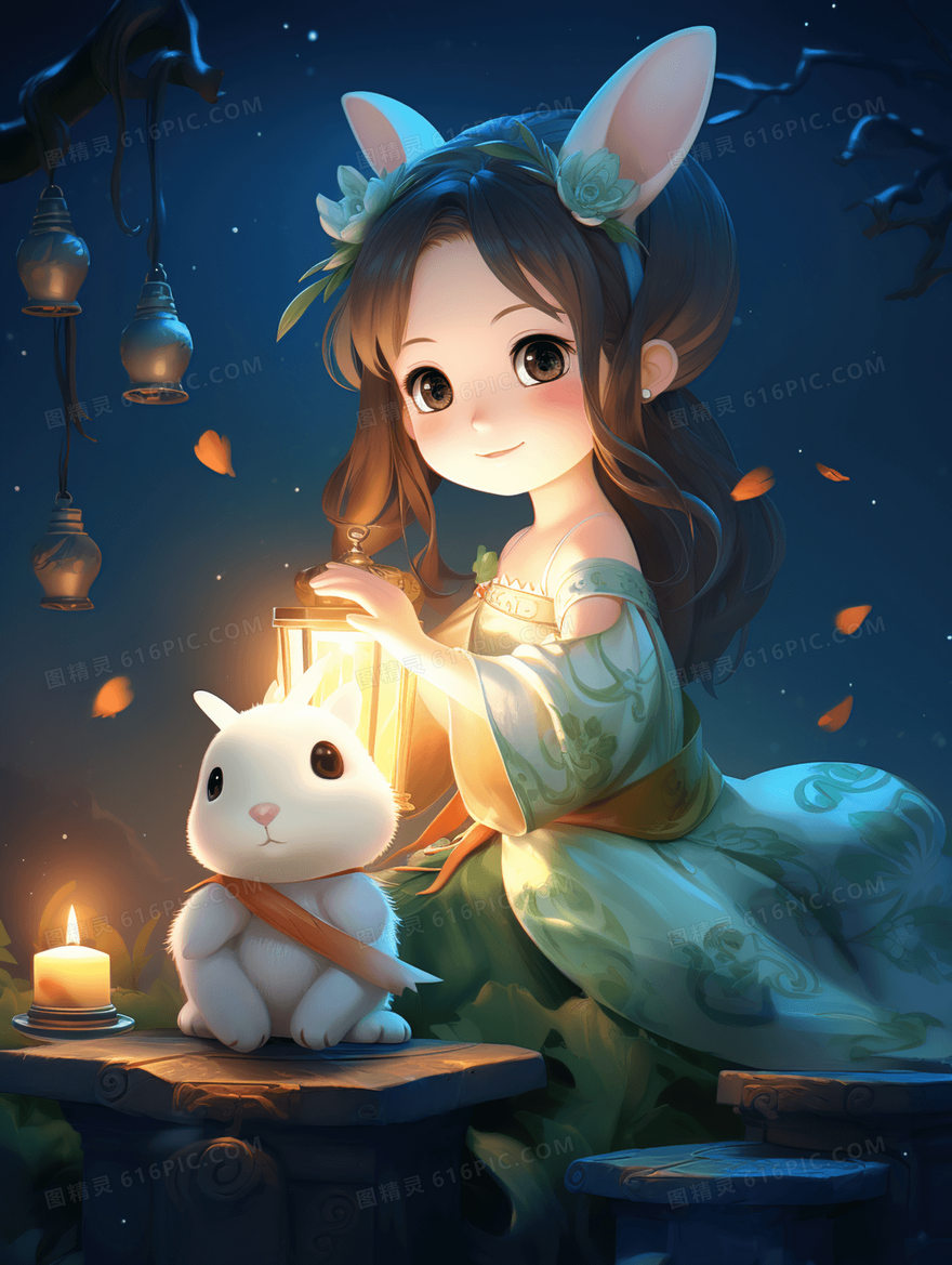 中秋节可爱少女嫦娥玉兔插画