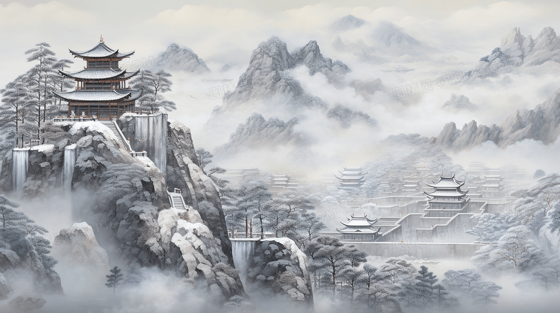 冬季中国风山水风景插画