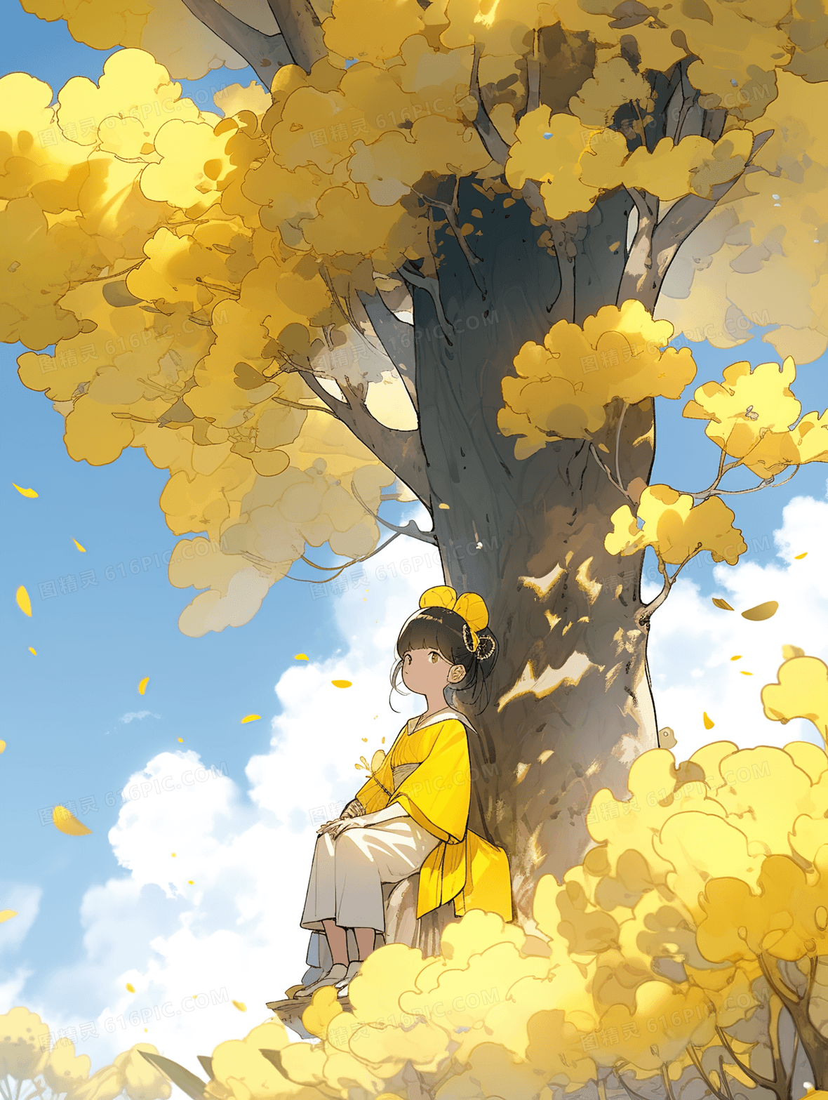 秋季坐在树上的小女孩插画背景图片下载_1856x2464像素jpg格式_编号v