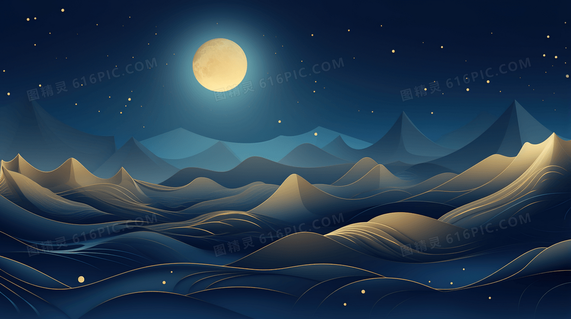中秋圆月描金山水风景插画