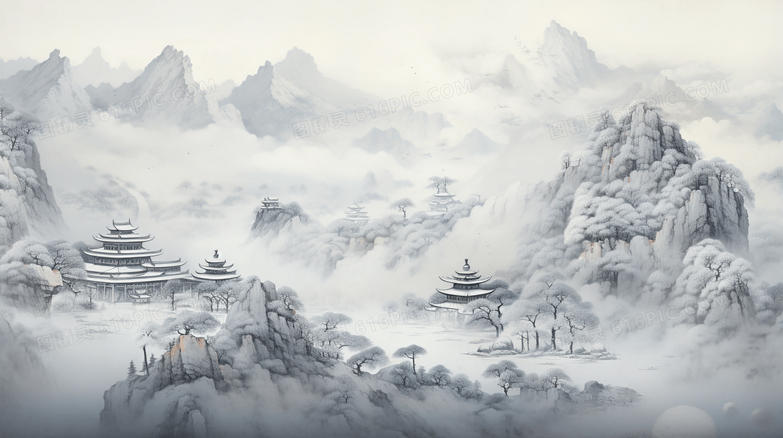 冬季中国风山水风景插画