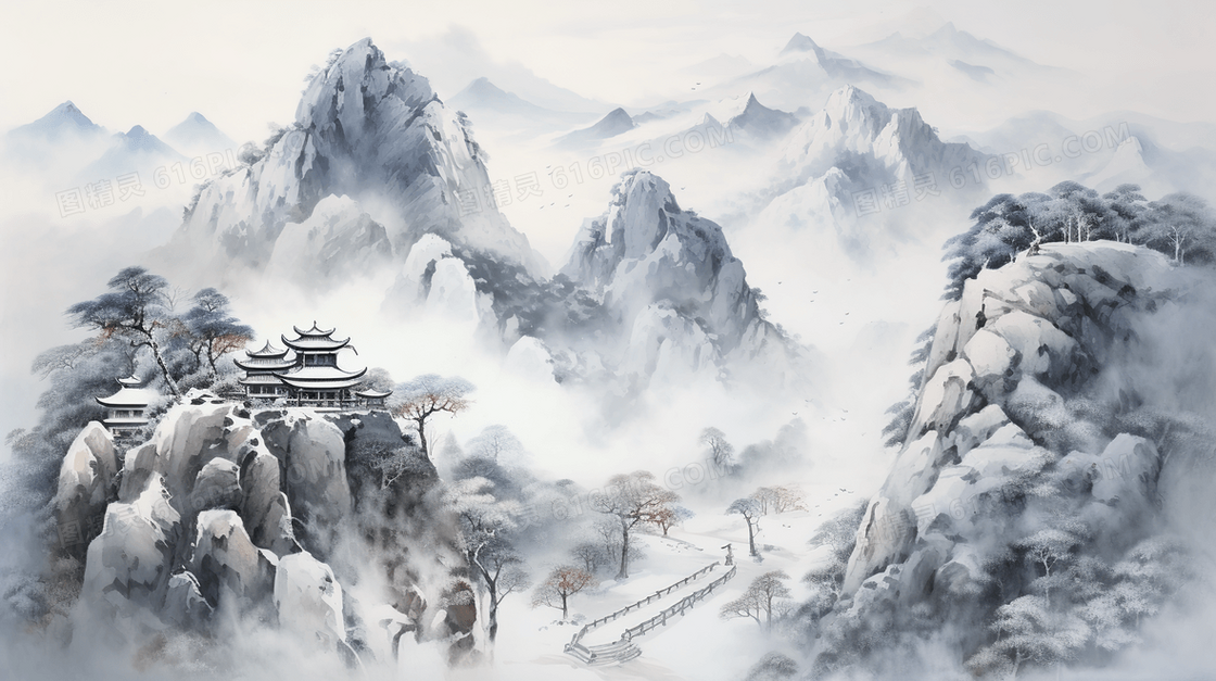 冬季中国风山水风景插画