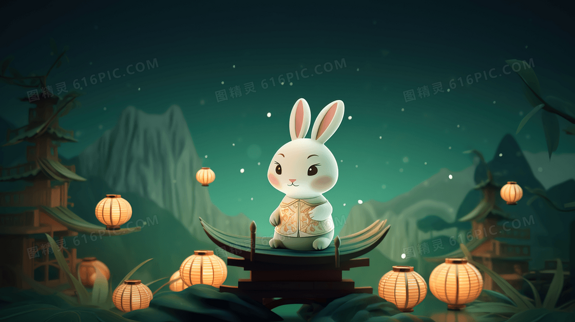 夜晚山林中被灯笼灯火照亮的可爱小白兔插画