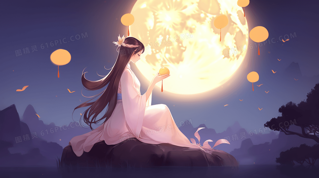 夜晚月亮下的古典长发美人中国风插画