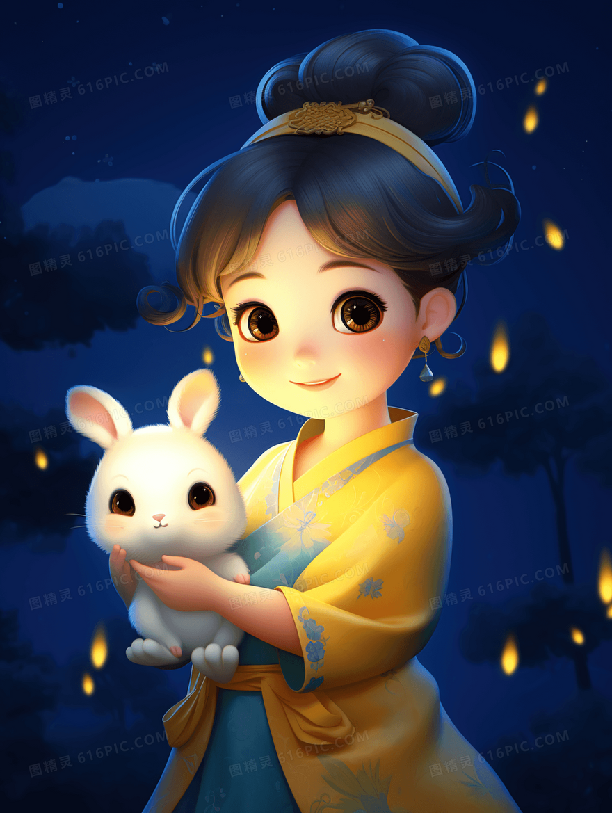 中秋节可爱少女嫦娥玉兔插画