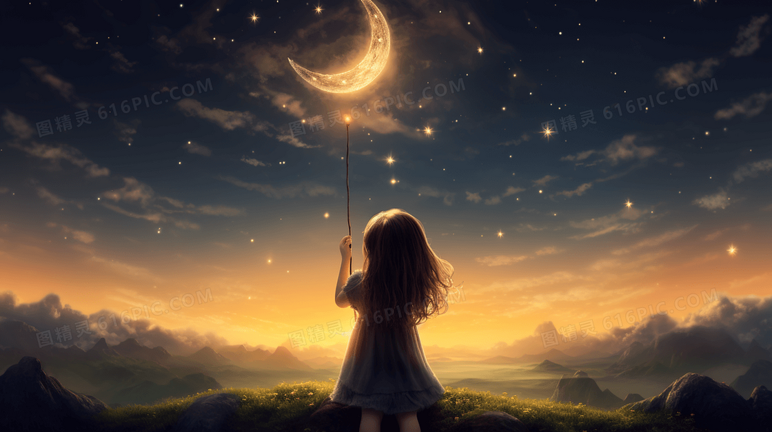 仰望星空的小女孩插画