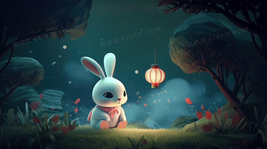 夜晚山林中被灯笼灯火照亮的可爱小白兔插画