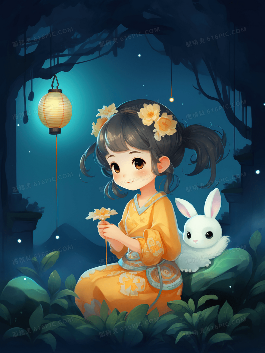夜晚森林中的可爱女孩和兔子