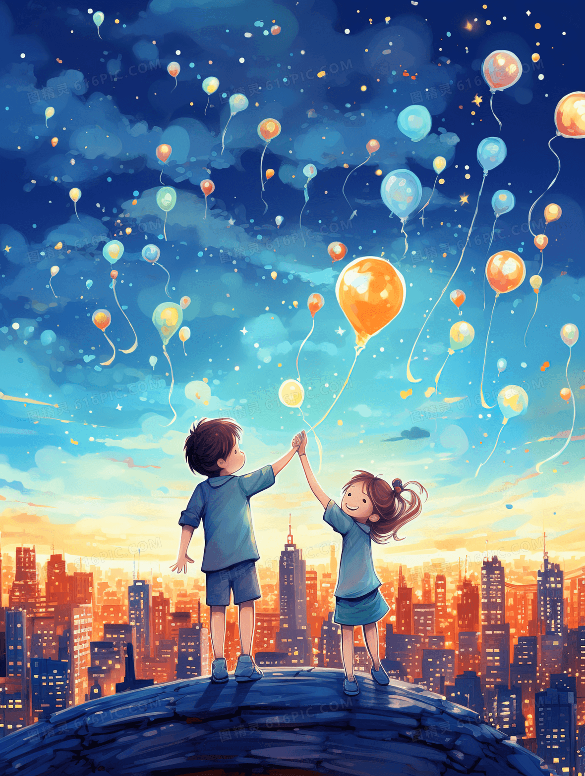 夜晚城市梦想男孩插画