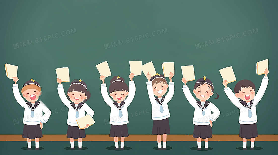 穿着校服的可爱学生在黑板前高举牌子创意插画