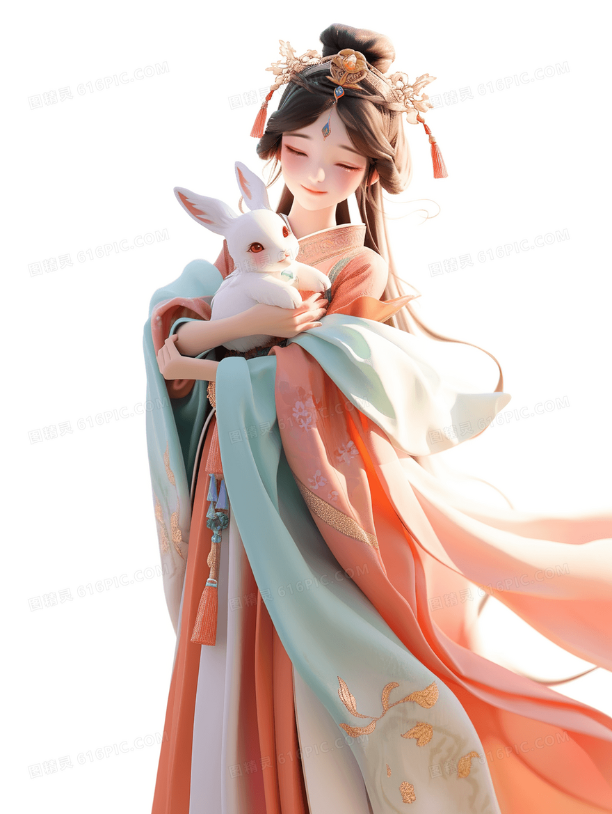 嫦娥抱着玉兔中秋节创意插画