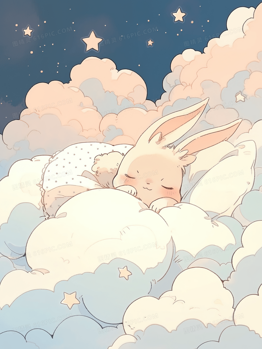 卡通可爱躺在云朵里的小兔子插画