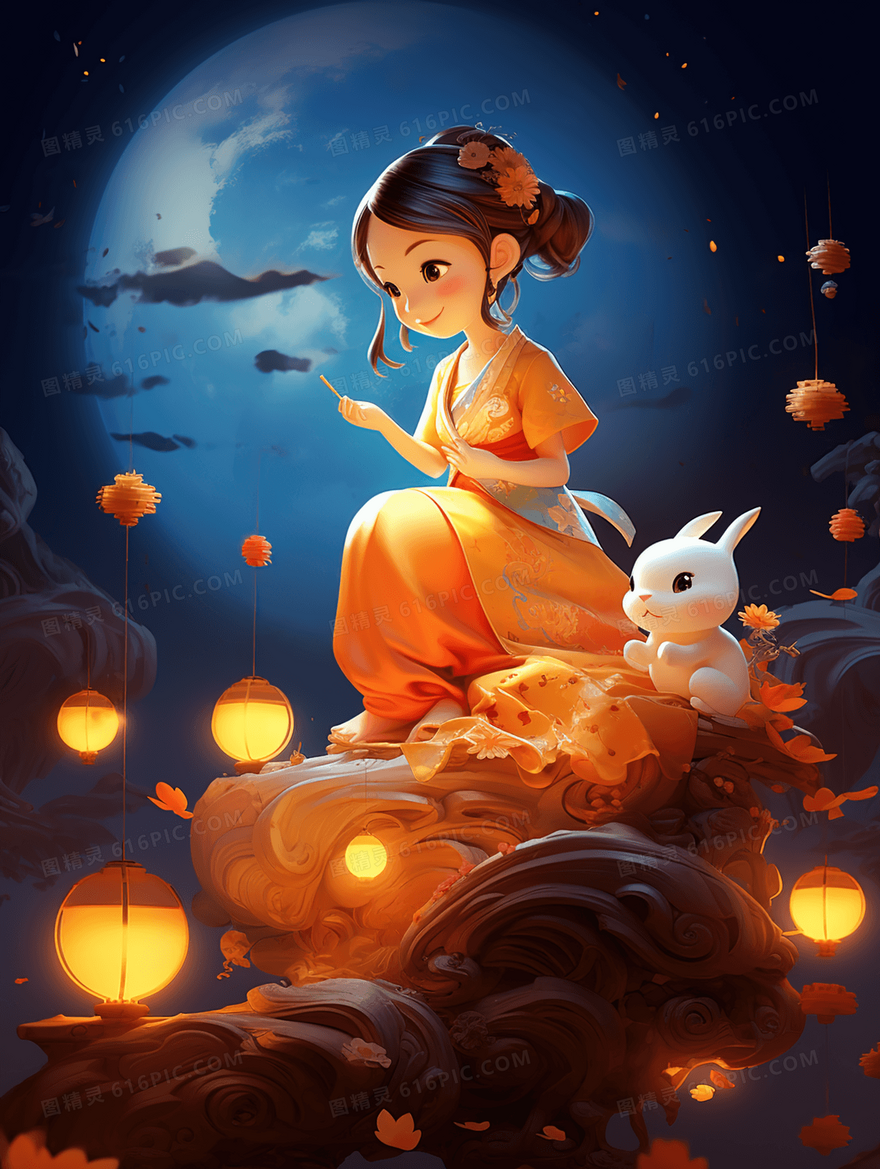 中秋节月亮下的女孩和小兔子