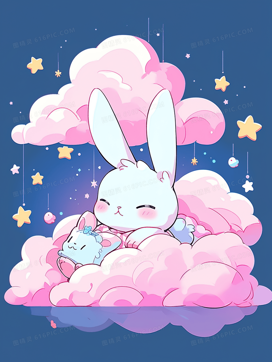 卡通可爱躺在云朵里的小兔子插画