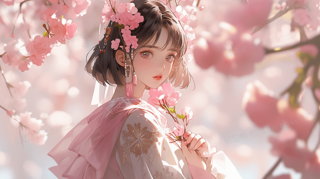 唯美古风美女粉色桃花春日短发少女创意插画