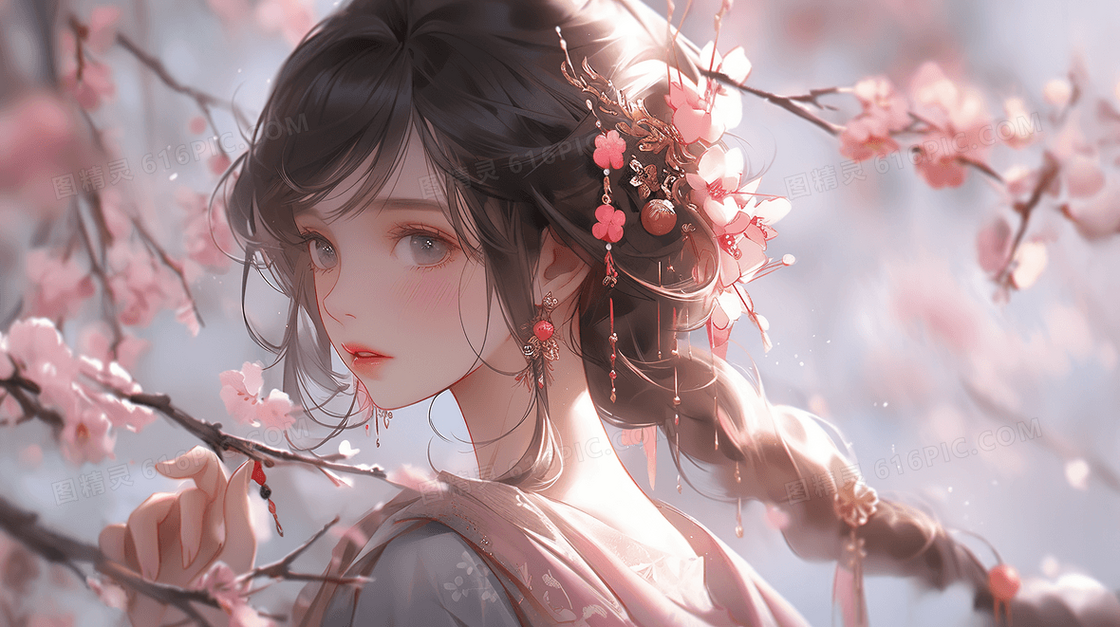 唯美古风美女粉色桃花春日少女创意插画