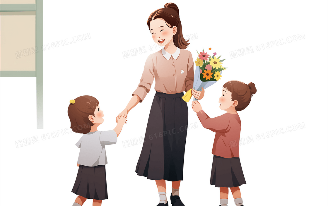 教师节美丽的女老师开心的接过学生送的鲜花创意插画