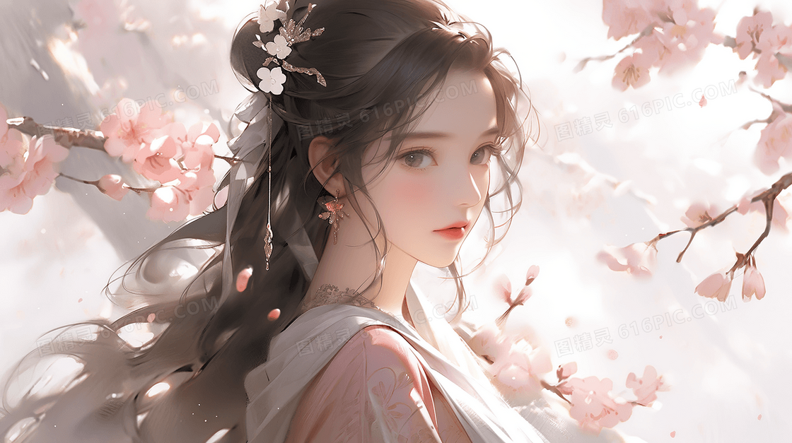 唯美古风美女粉色桃花春日少女创意插画