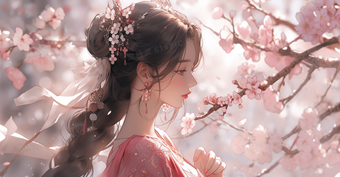 唯美古风美女粉色桃花春日少女创意插画