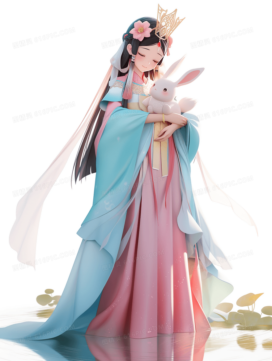 嫦娥抱着玉兔中秋节创意插画