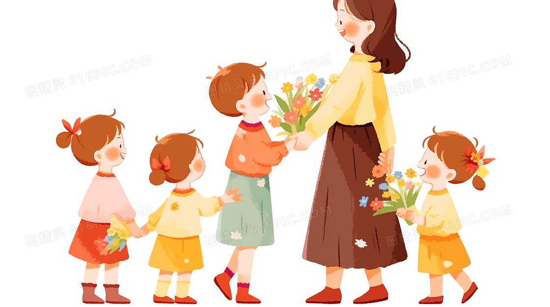 教师节美丽的女老师开心的接过学生送的鲜花创意插画