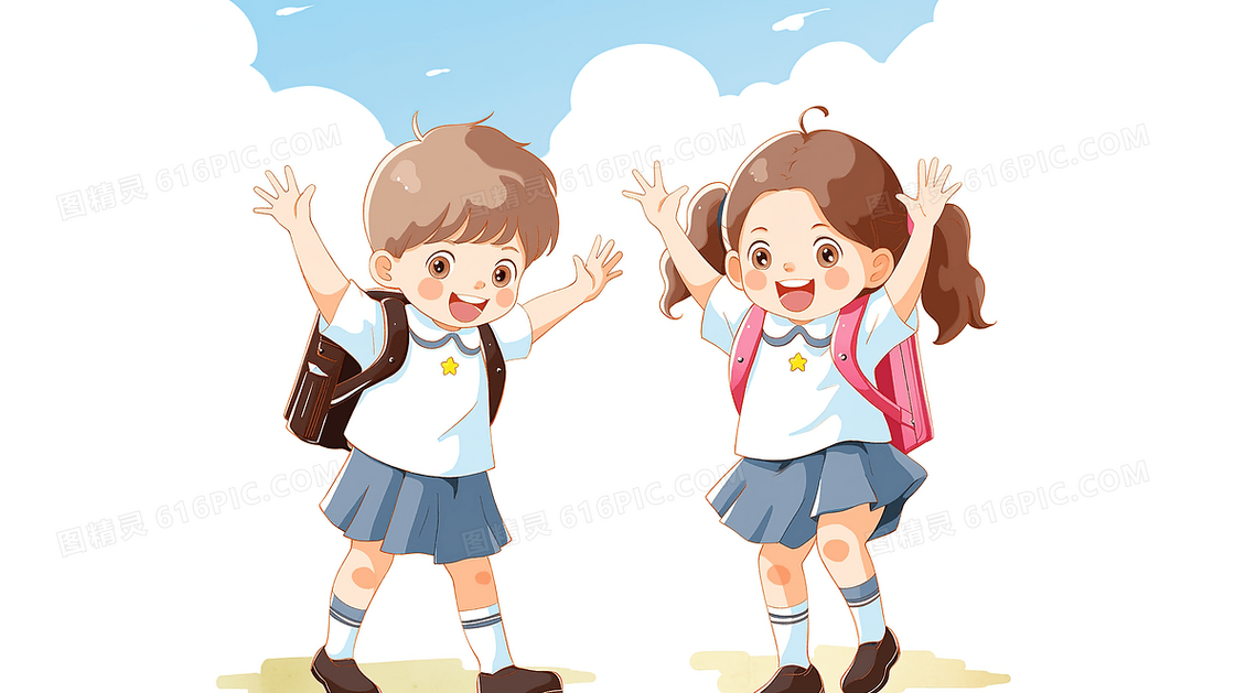 可爱的小朋友在上学路上开心的玩闹创意插画