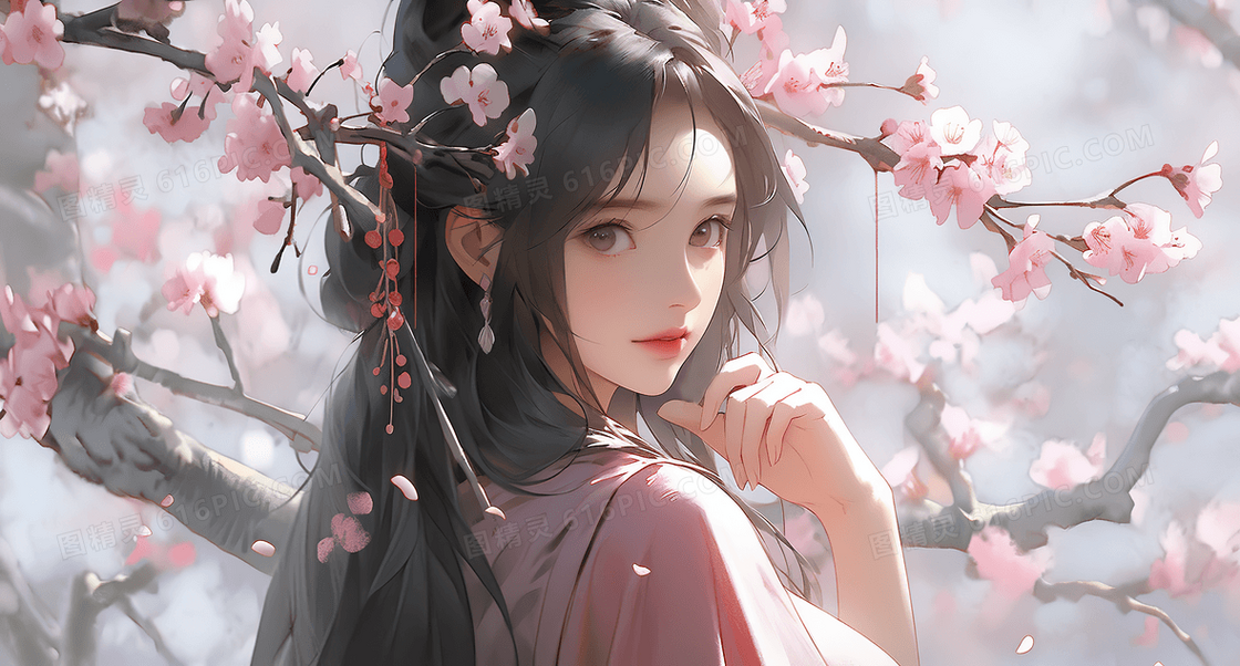 唯美古风美女粉色桃花春日少女创意插画